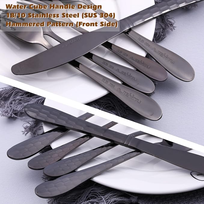 Hammered Silverware Set for 4, 20-Piece Black Flatware, 18/10 Stainless Steel - Image 2