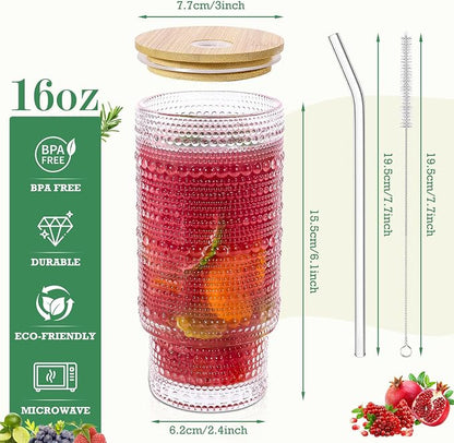 16 Oz Glass Cup with Lid and Straw, Vintage Embossed Glassware - Image 2