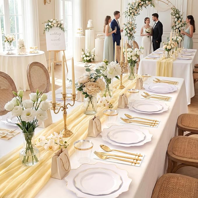 350PCS White and Gold Plastic Plates - Image 3