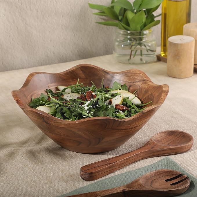 Gibson Home Sandhurst 3-Piece Acacia Wood Salad Bowl Set – 12-Inch Scalloped - Image 4
