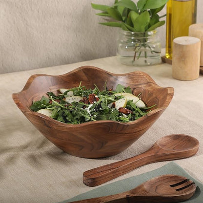 Gibson Home Sandhurst 3-Piece Acacia Wood Salad Bowl Set – 12-Inch Scalloped - Image 4