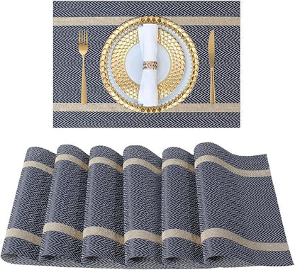 FAVE Placemats Set of 6 Blue Placemats Woven with Golden Thread Durable and Wipeable Vinyl Placemat Heat Resistant Table Mats Set of 6 High Texture Place Mats for Kitchen Table（Blue placemat）