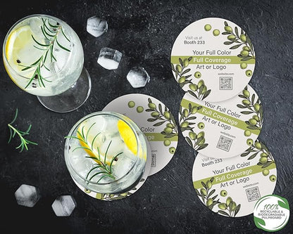 B.E. Green Custom Coasters - Pulpboard Personalized Coasters for Drinks - Full Color Print - Reusable & Absorbent - Beverage Coaster - Promo Events & Celebrations - Pack of 50-4" Round Full Coverage