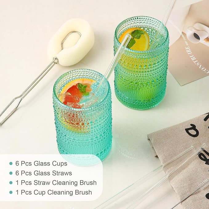ZMOWIPDL Drinking Glasses Set of 6, 15 oz Lake Blue Hobnail Glass Cups | - Image 5