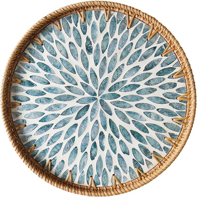 Round Rattan Tray with Mother of Pearl Inlay, Wooden Base | Coffee Table by Unknown