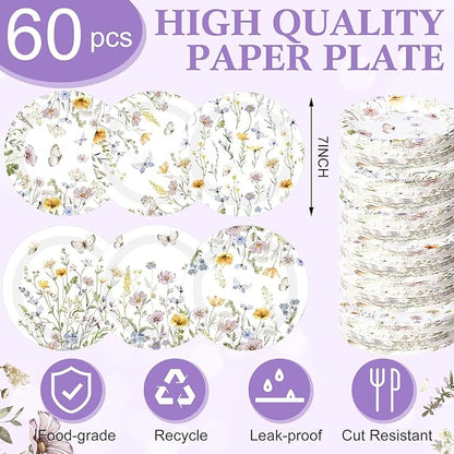 60 Pcs 7 Inch Floral Party Plates Wildflower Paper Plates Spring Summer Disposable Dinnerware Decoration for Tea Party Dinner Birthday Baby Shower Bridal Wedding Supplies