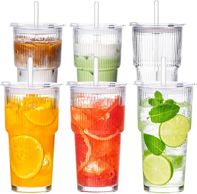 20oz Iced Coffee Cups with Lids, Glass Coffee Cups with Lids and Straws | Clear by VA1KENE