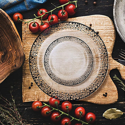 U-QE 100pcs Clear and Black Plastic Plates - Black Plates Disposable for Party - Disposable Plates for Premium Party Supplies Including 50 Dinner Plate 10.25 '' &50 Dessert 7.5 '' Plate