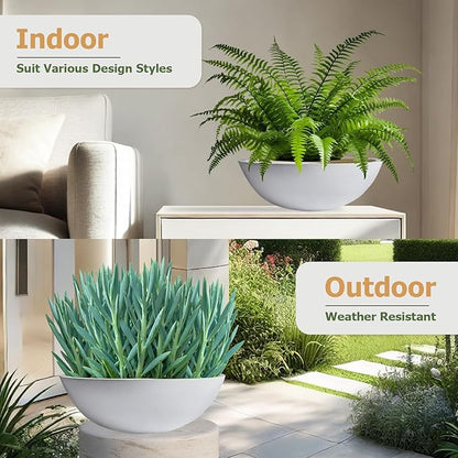 6.9" H x 19.7" D Round Bowl Fiberstone Planter for Succulent and Lotus with Drainage Hole, Smooth Finishes, Weather Resistant, Included 2 Extra Coco Mats (White, 17.9" Pot Opening)