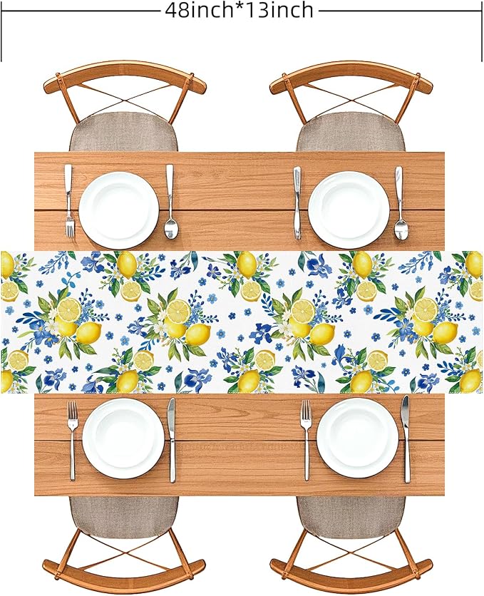 Lemon and Blue Floral Table Runner, 48 x 13 inches | Linen Texture Fabric - Image 5