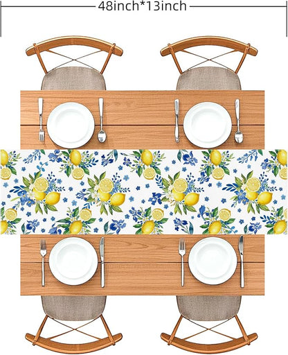 Lemon and Blue Floral Table Runner, 48 x 13 inches | Linen Texture Fabric - Image 5