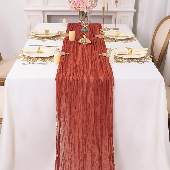 Snowkingdom 10 Ft Fall Thanksgiving Table Runner Terracotta Rust Cheesecloth - Image 5