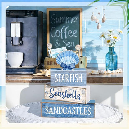 Moucuny 4 Pcs Nautical Beach Decor Shell Tiered Tray Decoration Blue Bow Table - Image 5