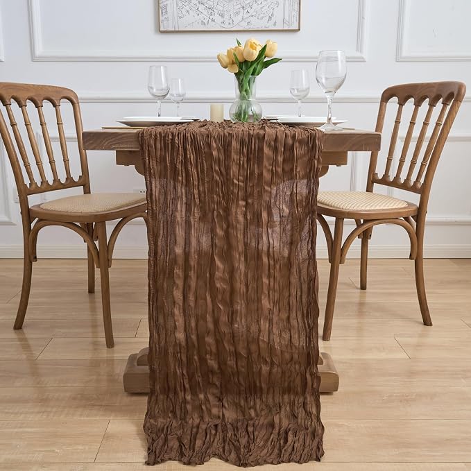 Asee'm 3pcs Brown Coffee Cheesecloth Table Runner 10FT Boho Rustic Fall | Sheer - Image 6