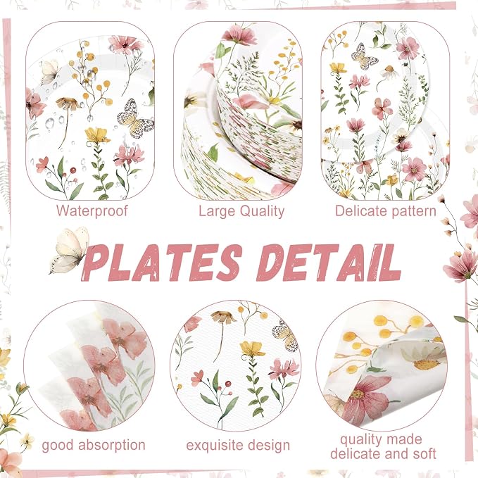 250 Pcs Wildflower Party Decorations Include Spring Summer Floral Paper Plates - Image 2
