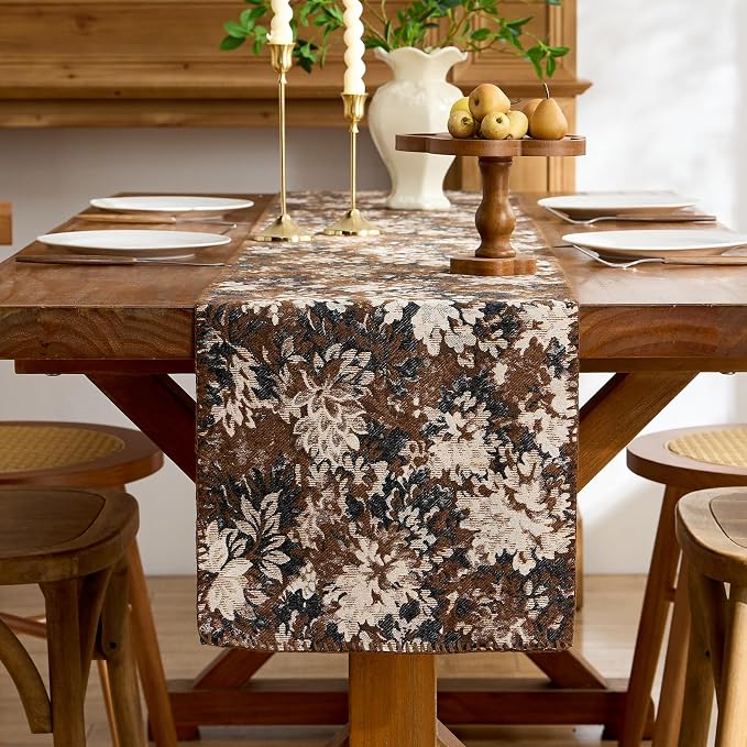 ORTIGIA Vintage Floral Table Runner, Boho Chenille Coffee Brown Farmhouse by ORTIGIA