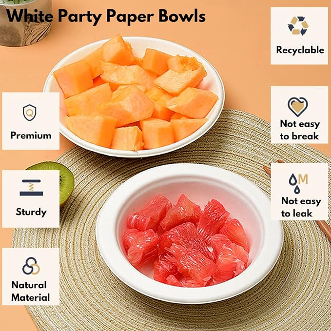 Haawooky 100 Pack White Disposable Paper Bowls, 8oz Natural Compostable - Image 6