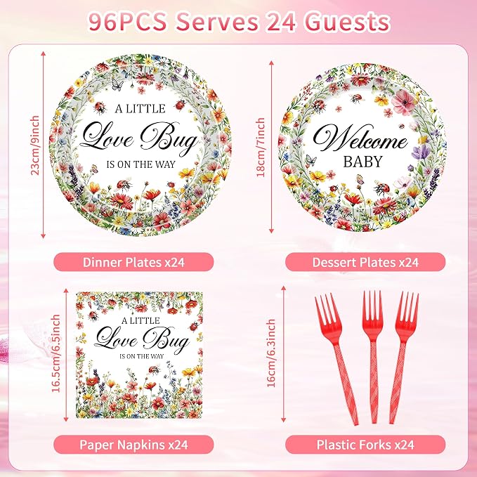 96 Pcs Love Bug Baby Shower Decorations, Floral Tableware Set | Includes paper - Image 2