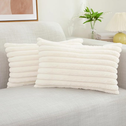 decorUhome Cozy Faux Fur Throw Pillow Covers 12x20 Set of 2 Decorative Soft Plush Striped Lumbar Modern Farmhouse Boho Couch Pillow Cases with Velvet Back for Sofa Bed Living Room, Cream White