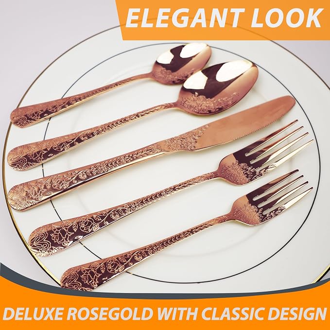 Runfly Modern Carved Floral Rose Gold Stainless Steel 20-Piece Flatware Set | - Image 5