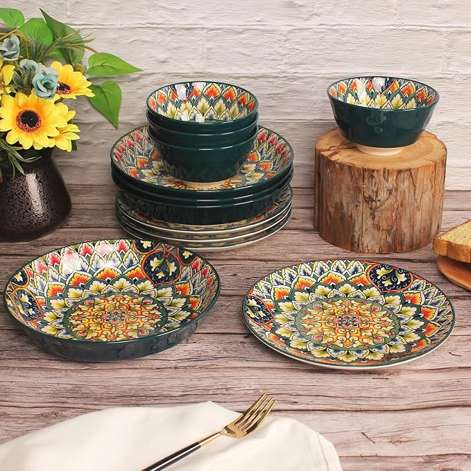 YA JU Mandala Dinnerware Sets Serves 4, Buffet Dinnerware, Boho Plates and - Image 4