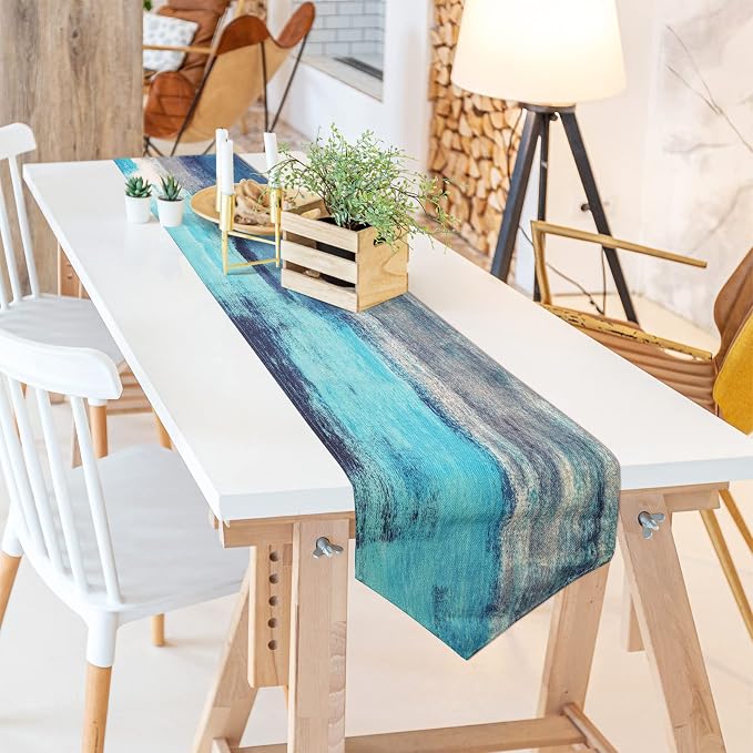 Turquoise and Grey Table Runner, Teal Abstract Modern Art Burlap Table Runners - Image 4