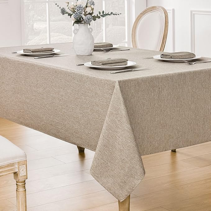 2 Pack Rectangle Tablecloth, 52x70 inch, Water Resistant Wrinkle Free Linen Textured Table Cloth Washable, Decorative Fabric Table Cover for Dining, Party and Camping, Mocha