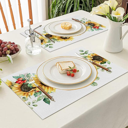 AOFOTO Sunflower Printed Placemats Set of 4 Spring Yellow Floral Leaves Fruit Printed Place Mats Washable Rectangular Table Mats for Party Home Kitchen Restaurant Dining Table Decor 12x18 Inch