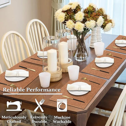 Cloth Placemats Set of 6, Cotton Linen Blend Machine Washable Double Layered Place Mats, Heat Resistant Placemats Wrinkle Free Thick Fabric Dining Table Mats for Indoors & Outdoors (Flaxen, 6)