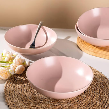 AmorArc 8.75‘’ Large Pasta Bowls, 42 ounce Deep Stoneware Bowls Set of 4 for Kitchen, Wide Bowl for Pasta/Salad/Fruit/Oatmeal/Soup, Microwave&Dishwasher Safe-Matte Pink