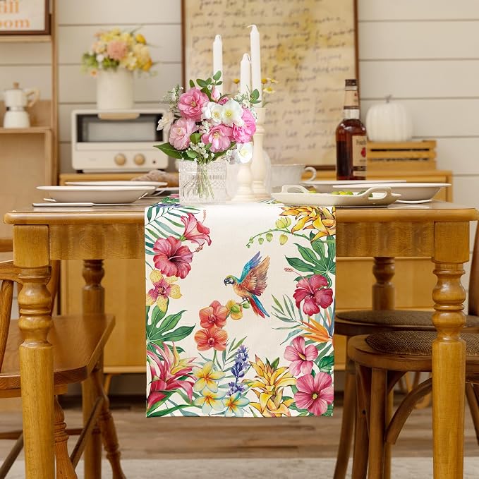 Summer Tropical Floral Table Runner Spring Butterfly Burlap Table Runners - Image 3