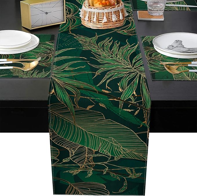 Table Runner and Placemats Set of 6, Tropical Palm | Leaves Geometric Green - Image 5