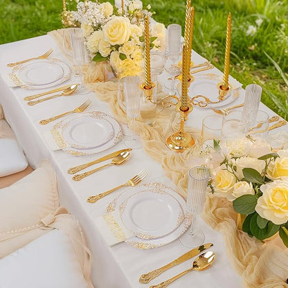 Ciaell 300PCS White and Gold Plastic Plates - Gold Disposable Dinnerware Sets for 50 Guests - 100 Plates, 50 Knives, 50 Forks, 50 Spoons, and 50 Napkins for Wedding, Anniversary, Party