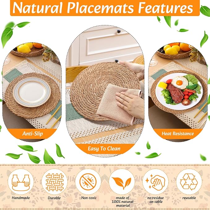 4 Sets Boho Decoration Placemats Round Woven Placemats, Cloth Napkins, Wood - Image 6