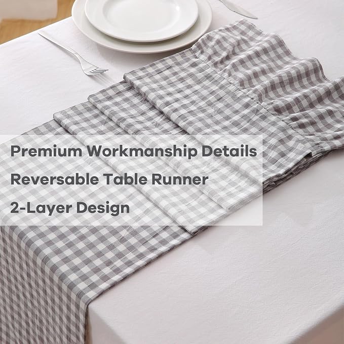 Grey White Plaid Gingham Ruffle Table Runner 90 inches Long 100% Washed Cotton - Image 5