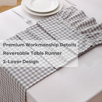 Grey White Plaid Gingham Ruffle Table Runner 90 inches Long 100% Washed Cotton - Image 5