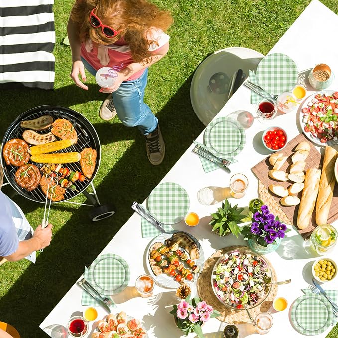 180Pcs Green Gingham Party Supplies Paper Plates and Napkins Serve 60 | - Image 6
