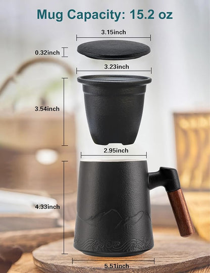 suyika Tea Cup with Infuser and Lid, 15.2 Ounce Wood Handle Ceramic Loose Leaf - Image 3