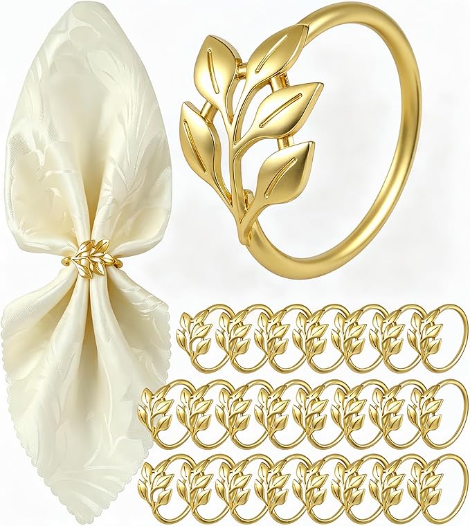 Gold Napkin Rings Set of 24, Shiny Zinc Alloy, Durable Polished Leaf Shaped by Monkkino