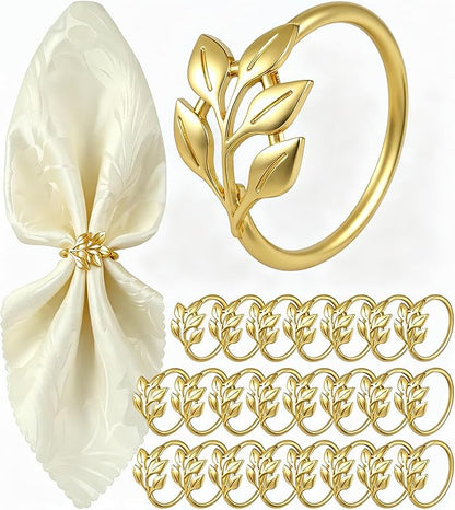 Gold Napkin Rings Set of 24, Shiny Zinc Alloy, Durable Polished Leaf Shaped by Monkkino