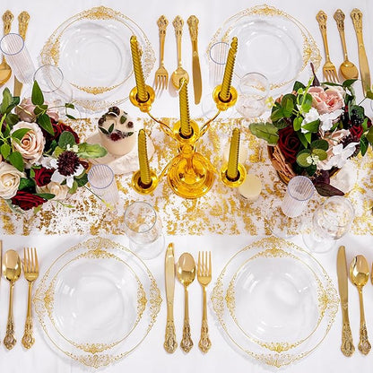 100PCS Clear Gold Plastic Bowls - 12 oz Clear Disposable Salad Bowls - Heavy Duty Disposable Soup Bowl - Fancy Plastic Ice Cream Bowl for Weddings, Parties, Dinners, Picnics,