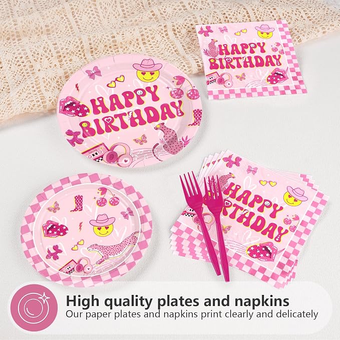 96Pcs Pink Checkered Preppy Birthday Party Supplies Serves 24 | Pink Smiley - Image 3