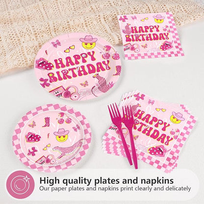 96Pcs Pink Checkered Preppy Birthday Party Supplies Serves 24 | Pink Smiley - Image 3