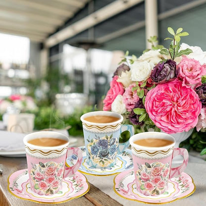WorldBazaar Floral Tea Party Dinnerware Disposable Cups and Saucers 24 Set | 9oz - Image 6