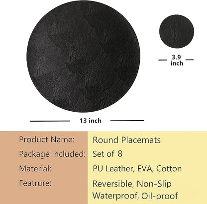 Set of 8 Round PU Leather Placemats, Waterproof Coffee Coasters, Kitchen Table Mats, Easy to Wipe Off for Dining Round Table