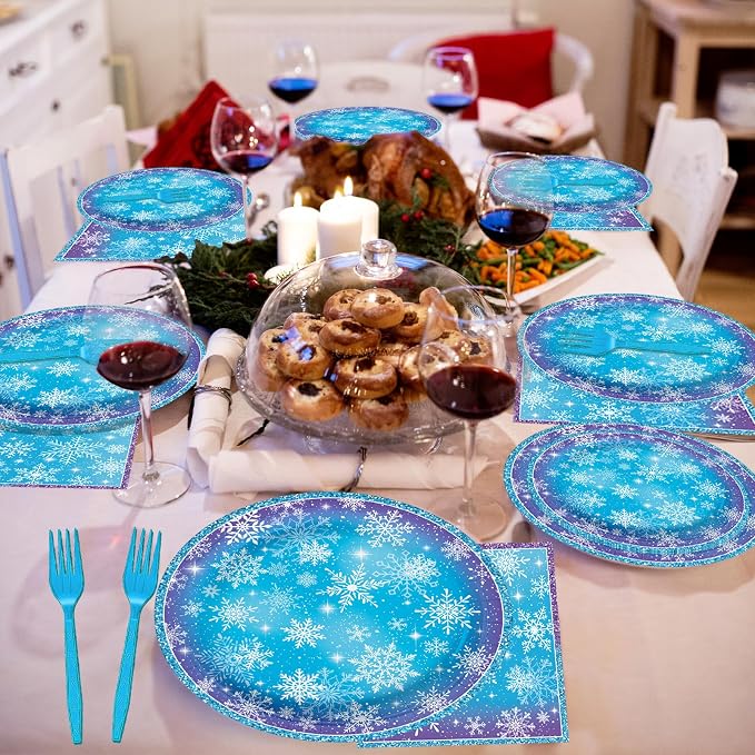 100 Pcs Snowflake Winterland Tableware Party Supplies Set, Serves 25 – - Image 6