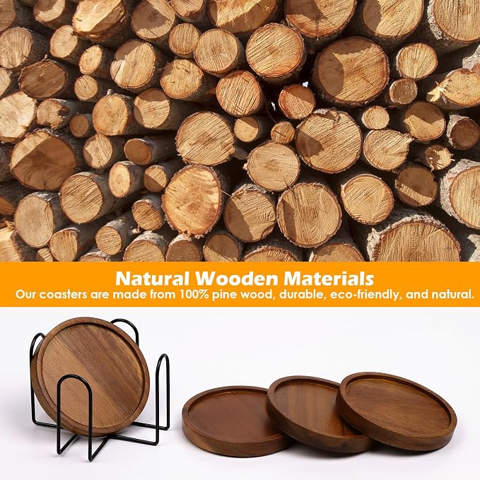4 Pcs Wood Coasters for Drinks Absorbent, Wooden Coasters - Image 2