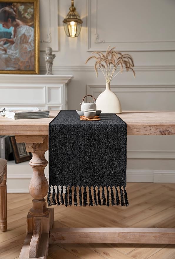 Black Table Runners 60 Inches Long, Burlap Linen Style Rustic Farmhouse Table - Image 2