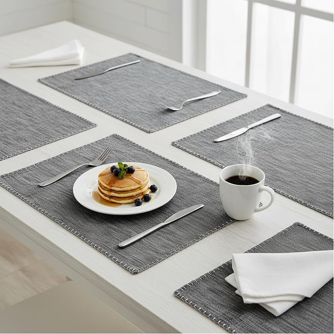 Dining Table Placemats with Decorative Stitched Edge Textured Cotton Cloth - Image 2
