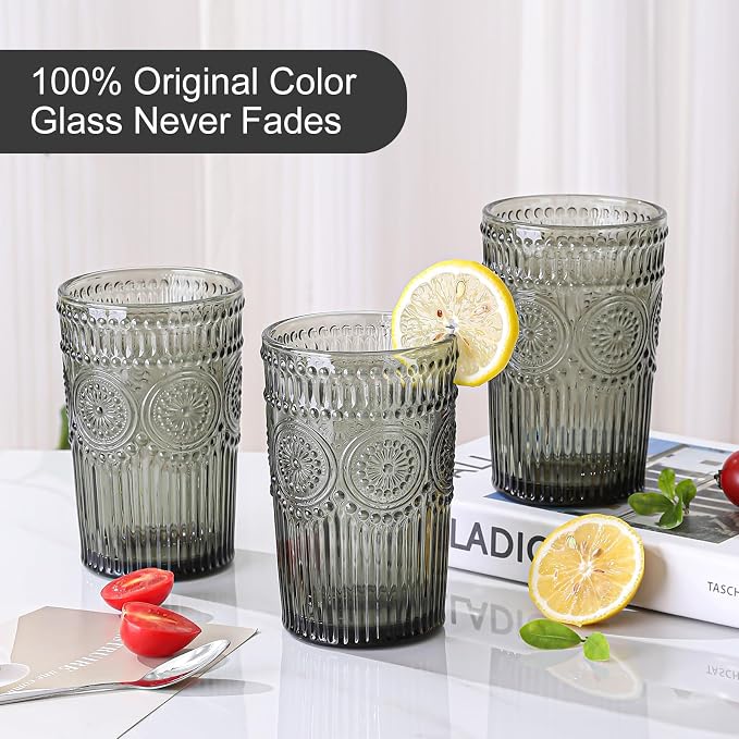 ZMOWIPDL Drinking Glasses Set of 6, 13oz Flower Design Grey Glass Cups | - Image 3